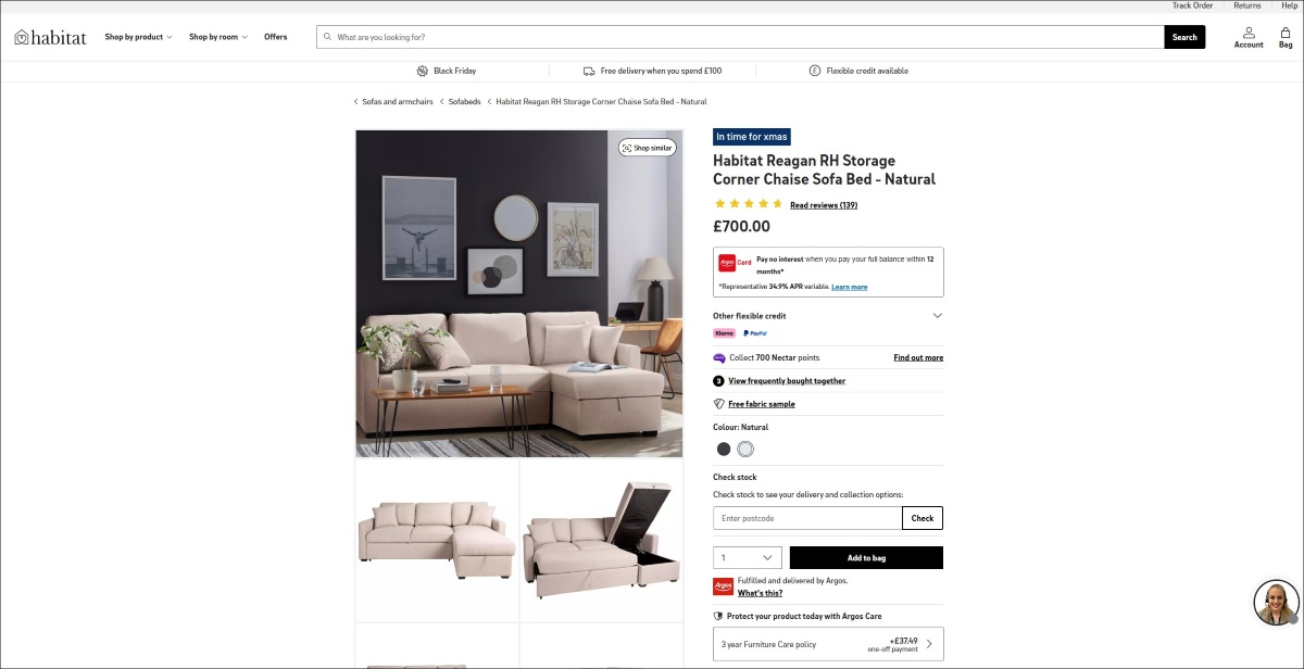 habitat reagan storage chaise sofa bed